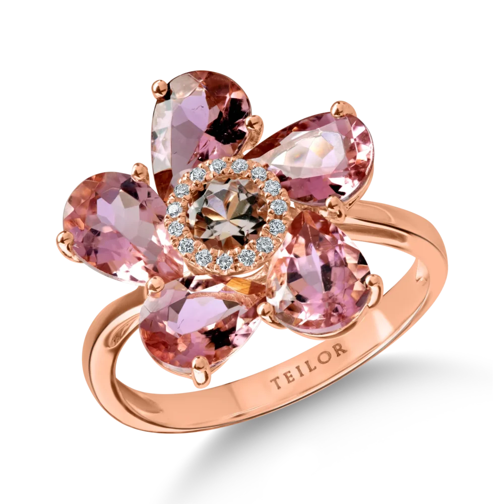 Inel floare din aur roz cu pietre pretioase si semipretioase de 3.9ct