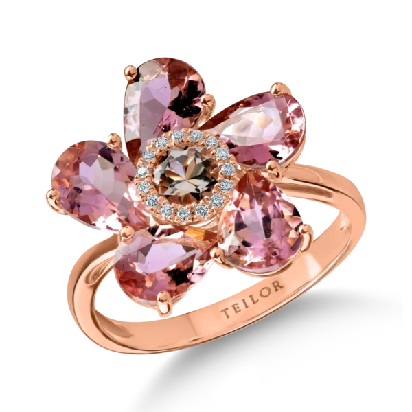 Inel floare din aur roz cu pietre pretioase si semipretioase de 3.9ct