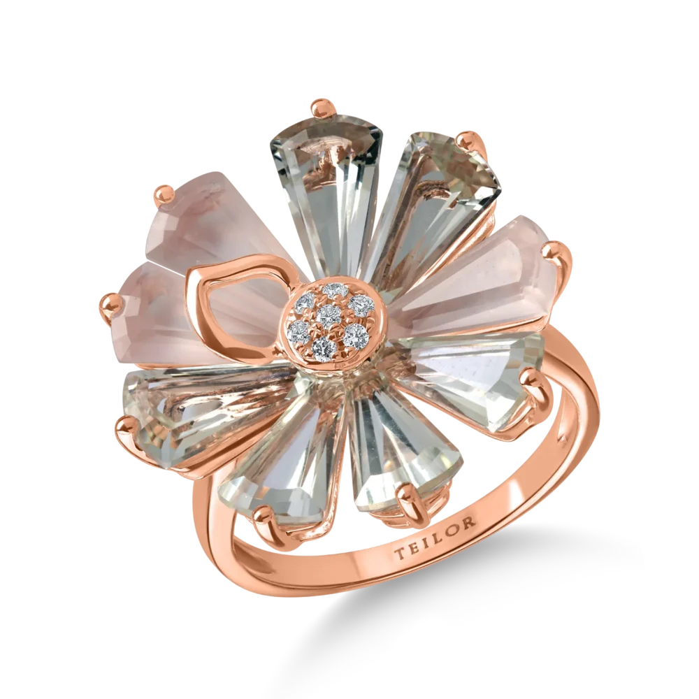 Inel floare din aur roz cu pietre pretioase si semipretioase de 6.5ct