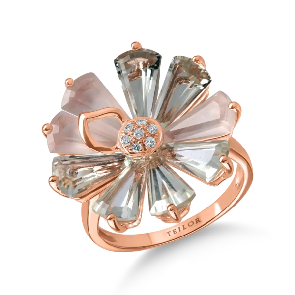 Inel floare din aur roz cu pietre pretioase si semipretioase de 6.5ct