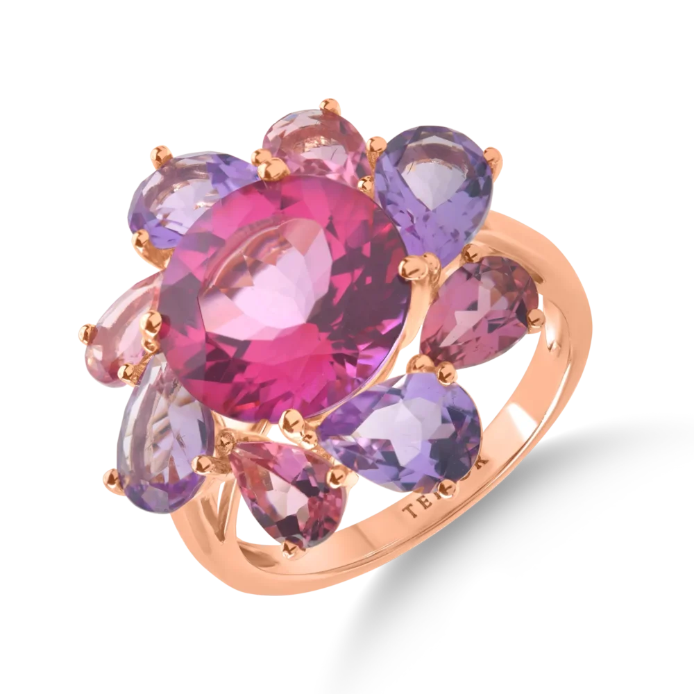 Inel floare din aur roz cu pietre semipretioase de 10.7ct