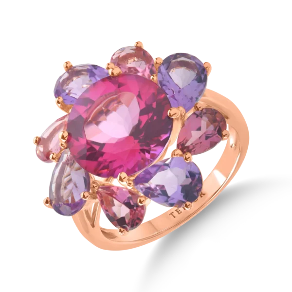 Inel floare din aur roz cu pietre semipretioase de 10.7ct