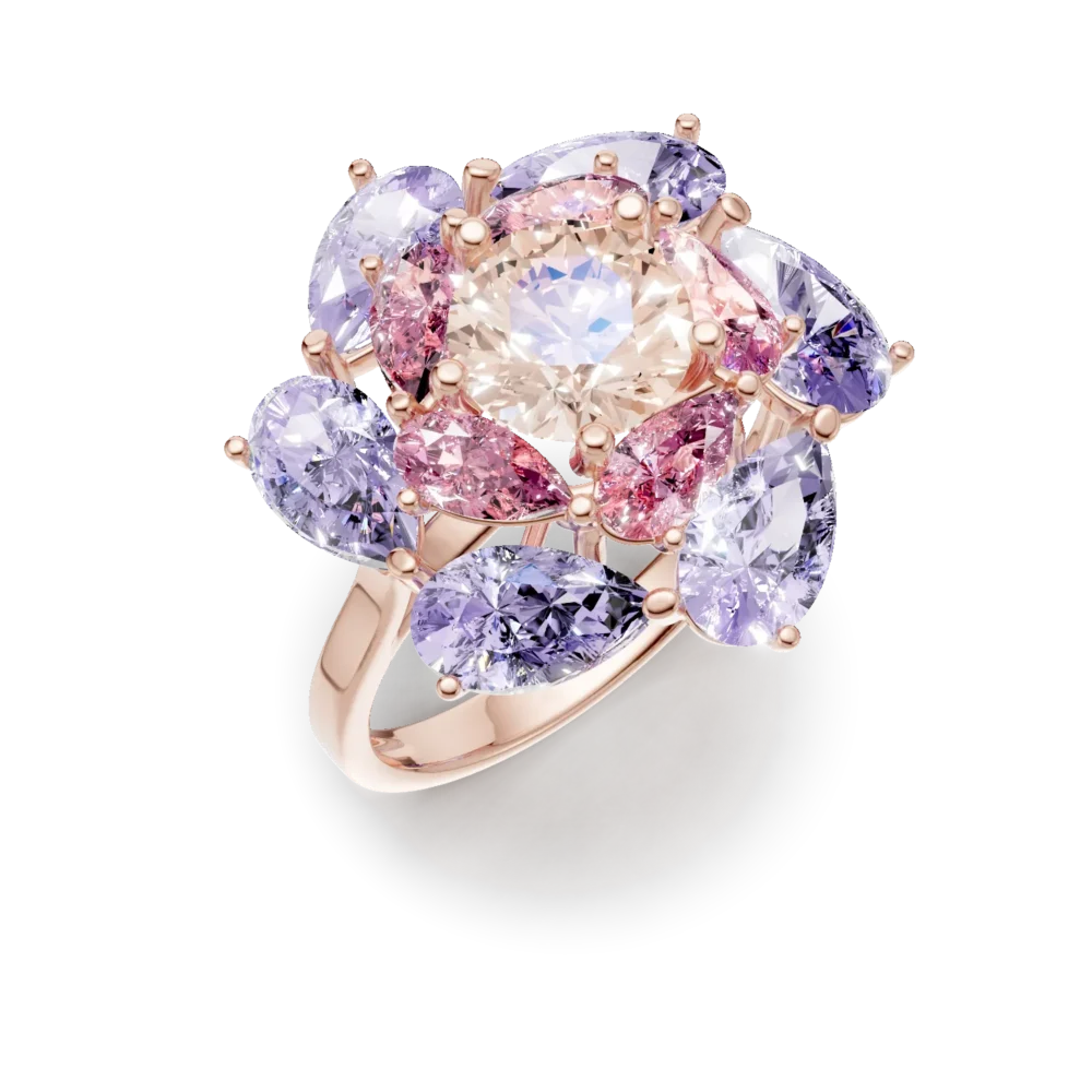 Inel floare din aur roz cu pietre semipretioase de 5.7ct