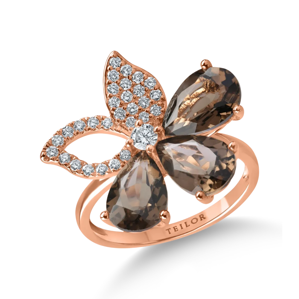 Inel floare din aur roz cu cuart fumuriu pear de 3.3ct si diamante de 0.2ct