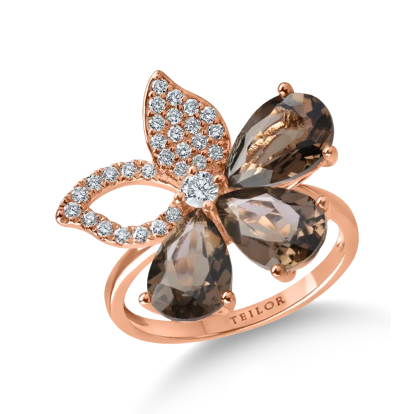 Inel floare din aur roz cu cuart fumuriu pear de 3.3ct si diamante de 0.2ct