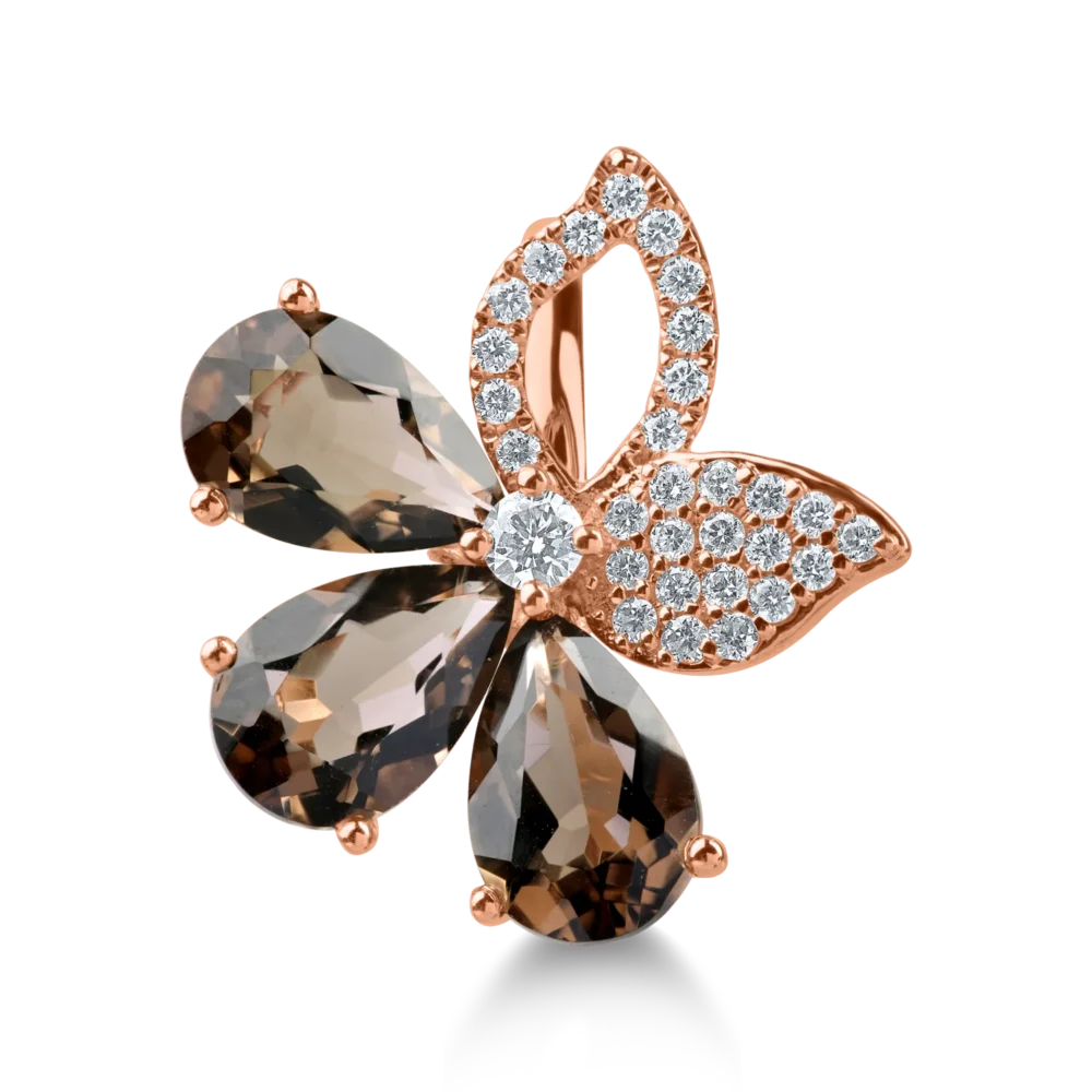 Inel floare din aur roz cu cuart fumuriu pear de 3.3ct si diamante de 0.2ct - imagine 2