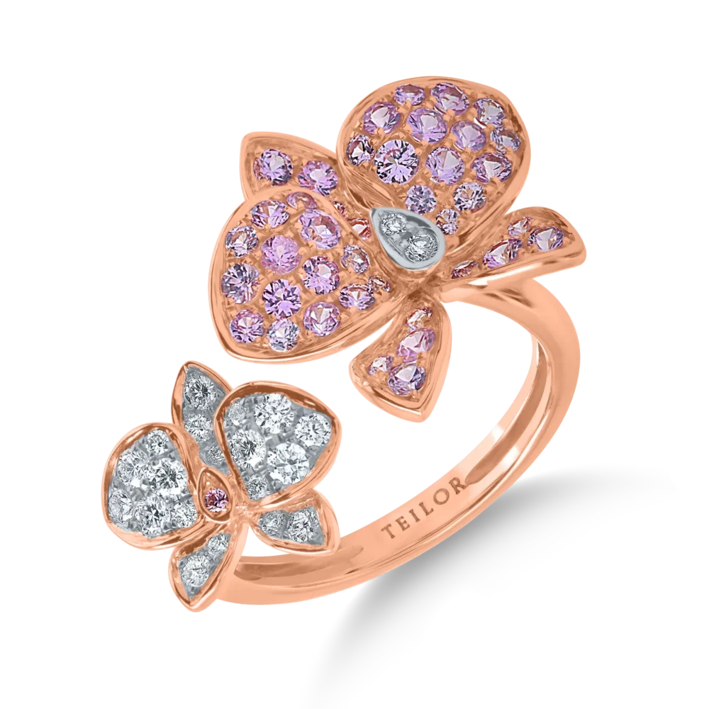 Inel floare din aur roz cu safire roz-deschis de 0.9ct si diamante de 0.2ct