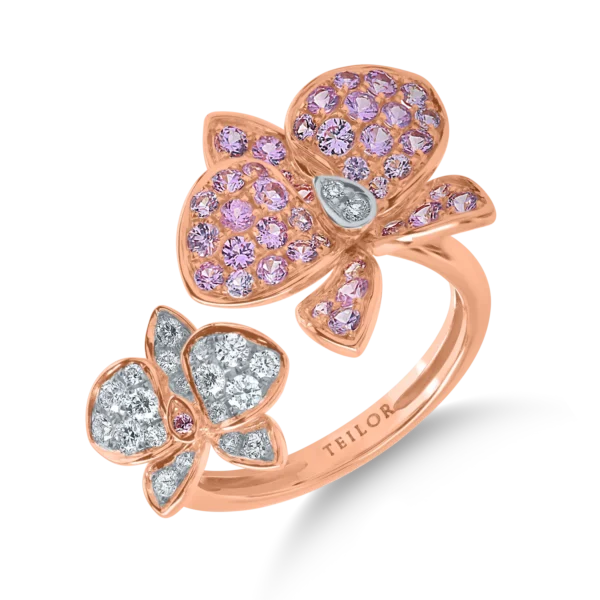 Inel floare din aur roz cu safire roz-deschis de 0.9ct si diamante de 0.2ct