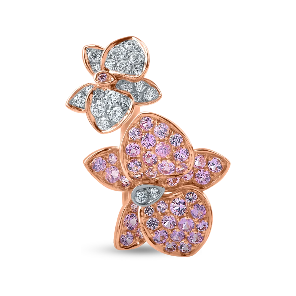 Inel floare din aur roz cu safire roz-deschis de 0.9ct si diamante de 0.2ct - imagine 2