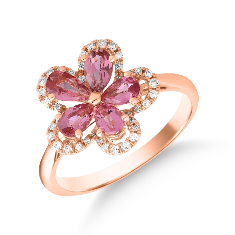 Inel floare din aur roz cu turmaline roz pear de 1ct si diamante de 0.1ct