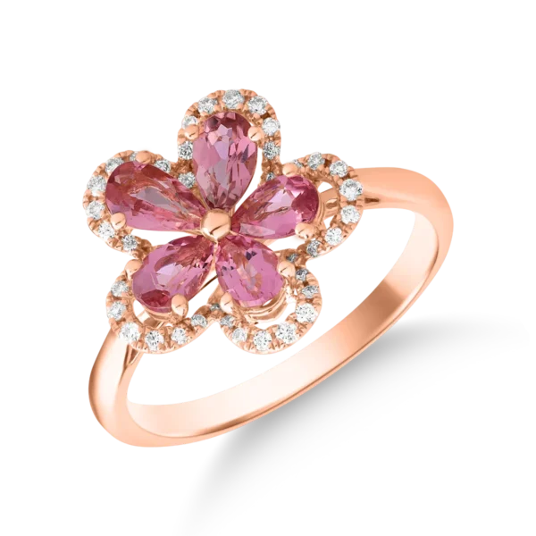 Inel floare din aur roz cu turmaline roz pear de 1ct si diamante de 0.1ct