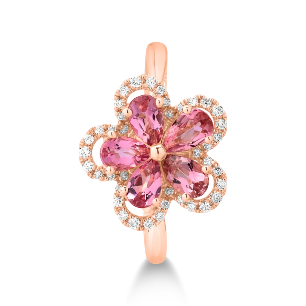Inel floare din aur roz cu turmaline roz pear de 1ct si diamante de 0.1ct - imagine 3