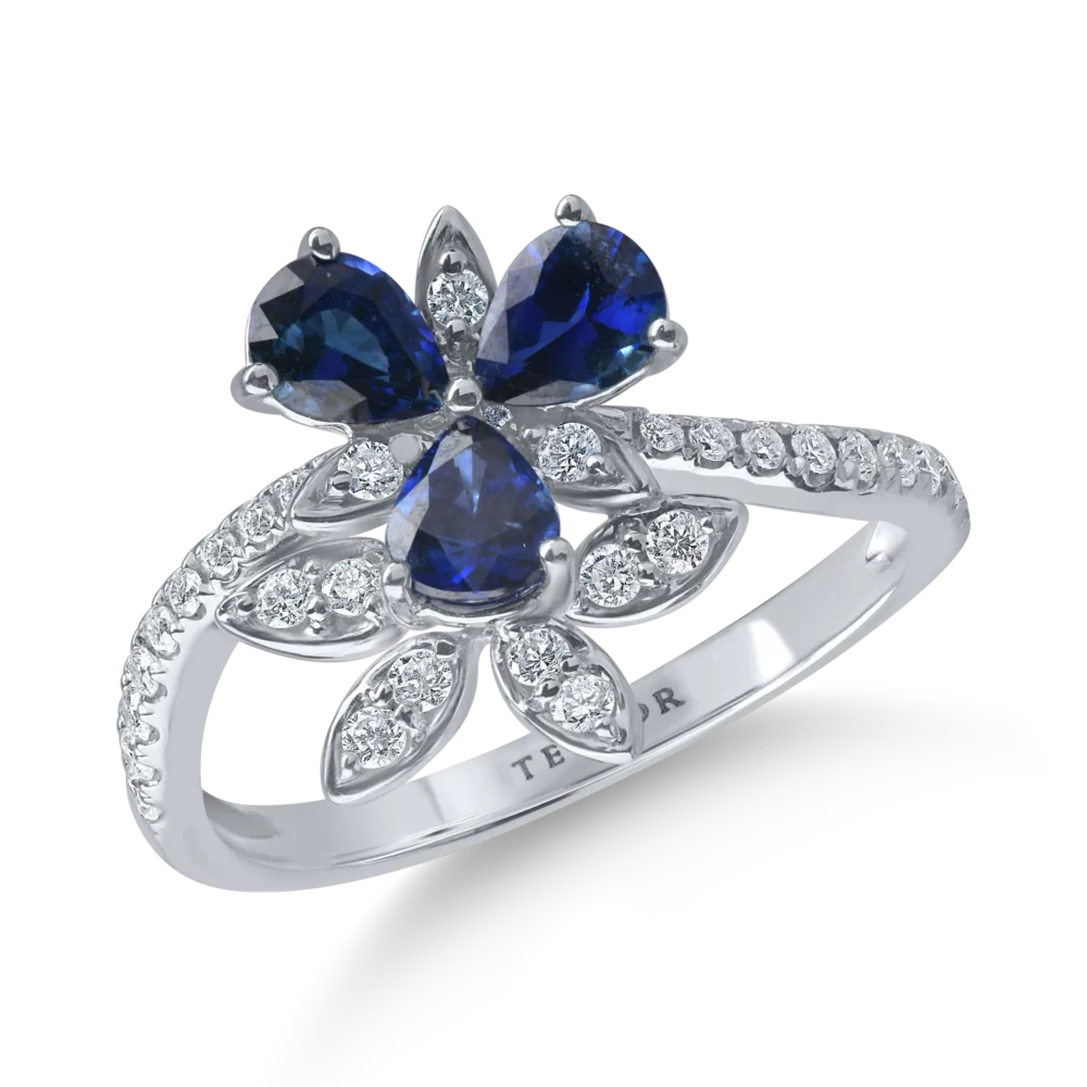 Inel floral din aur alb cu safire pear si diamante de 1.3ct