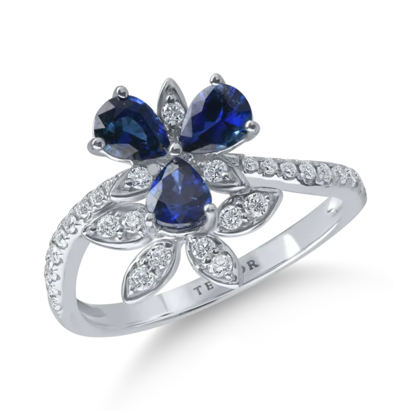 Inel floral din aur alb cu safire pear si diamante de 1.3ct