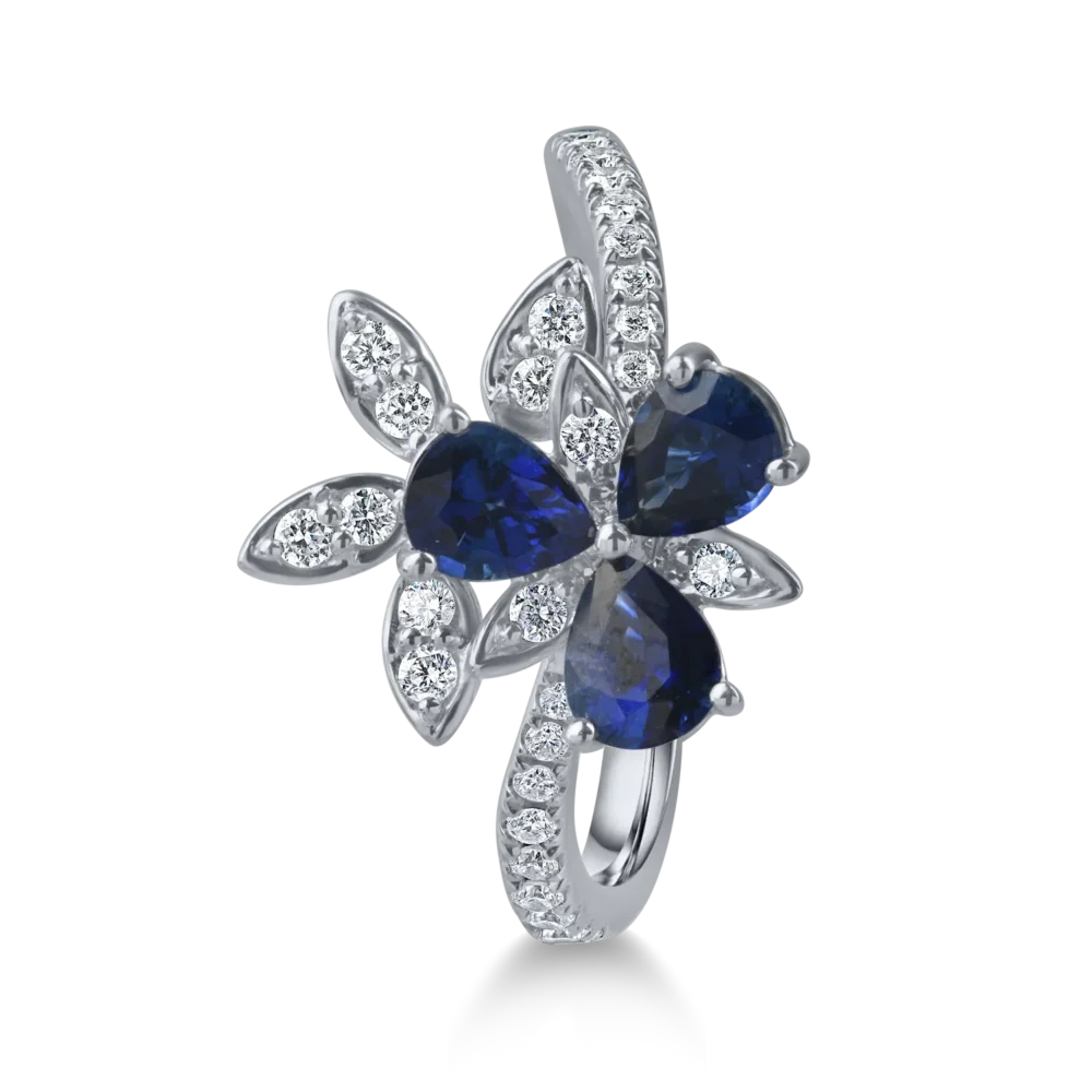 Inel floral din aur alb cu safire pear si diamante de 1.3ct - imagine 2