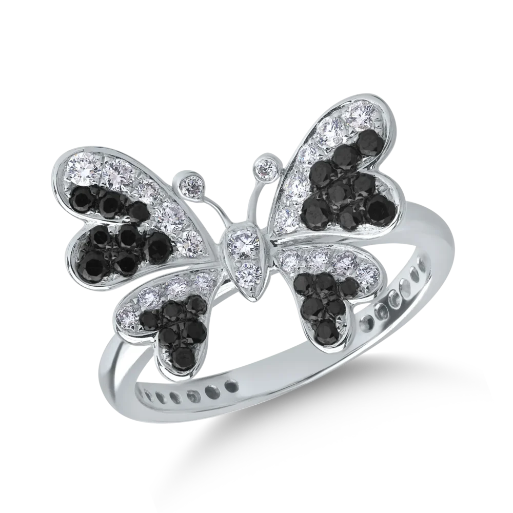 Inel fluture din aur alb cu diamante negre de 0.33ct si diamante transparente de 0.25ct