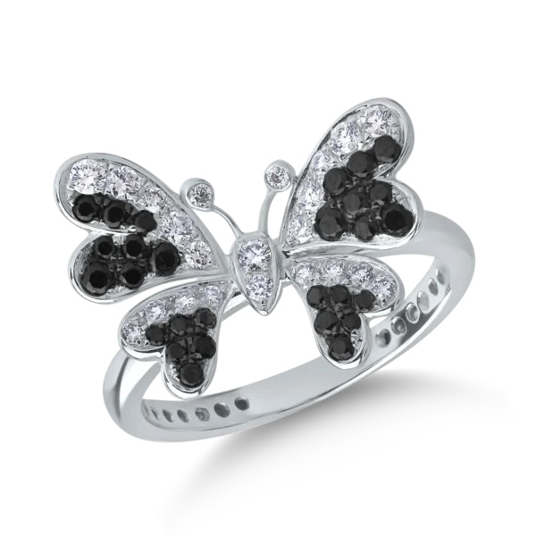 Inel fluture din aur alb cu diamante negre de 0.33ct si diamante transparente de 0.25ct