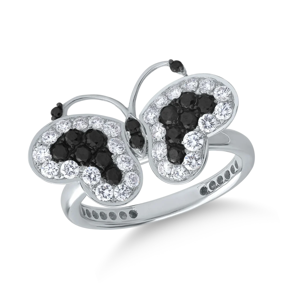 Inel fluture din aur alb cu diamante negre de 0.35ct si diamante transparente de 0.55ct