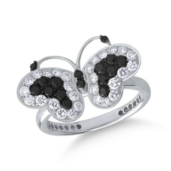 Inel fluture din aur alb cu diamante negre de 0.35ct si diamante transparente de 0.55ct