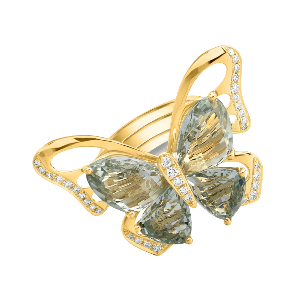 Inel fluture din aur galben cu ametiste verzi de 11.5ct si diamante de 0.38ct