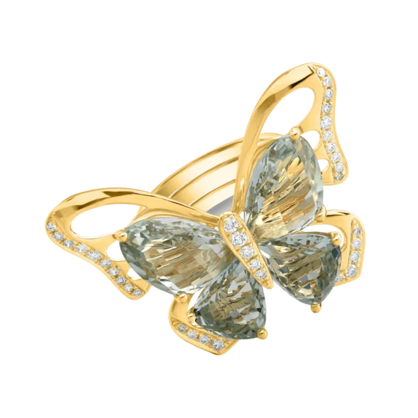 Inel fluture din aur galben cu ametiste verzi de 11.5ct si diamante de 0.38ct