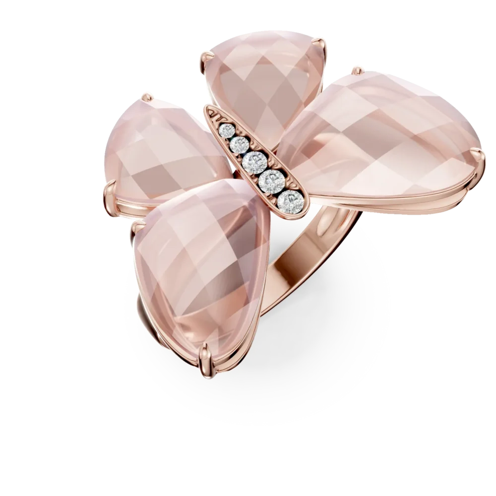 Inel fluture din aur roz cu quartz trandafiriu de 13.4ct si diamante de 0.07ct