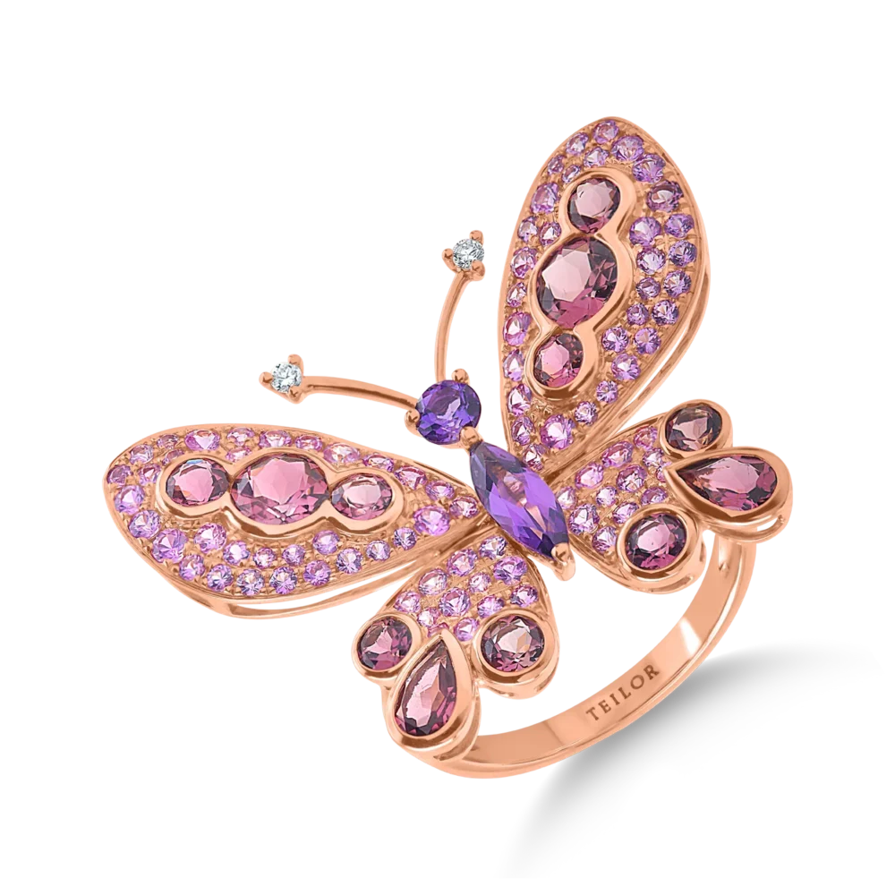 Inel fluture din aur roz cu pietre pretioase si semipretioase de 4.29ct