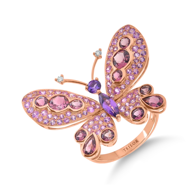 Inel fluture din aur roz cu pietre pretioase si semipretioase de 4.29ct