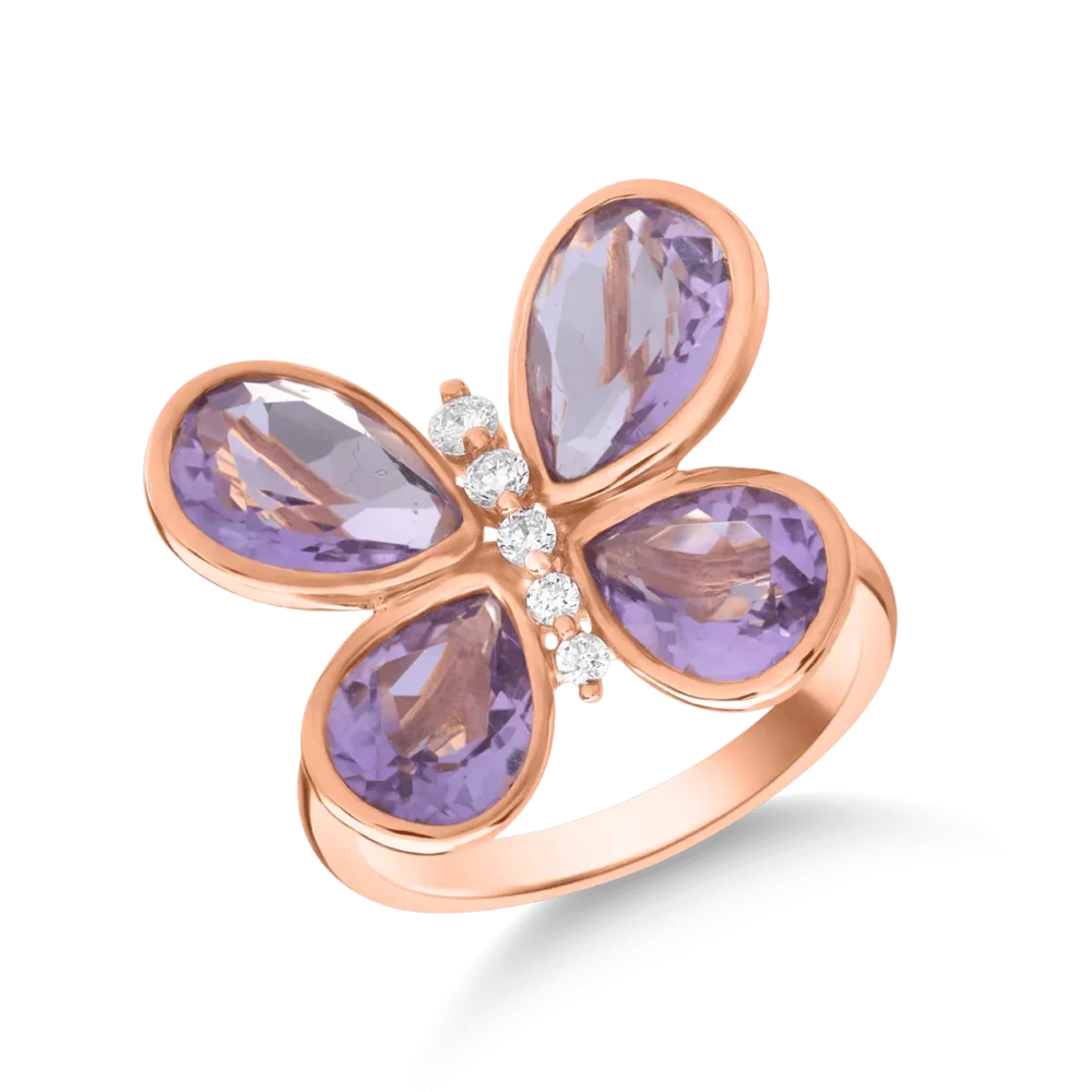Inel fluture din aur roz cu ametiste de 4.053ct si diamante de 0.115ct
