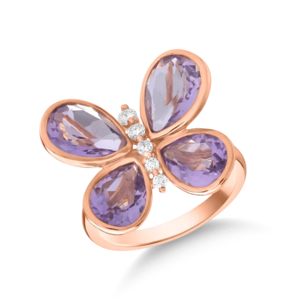 Inel fluture din aur roz cu ametiste de 4.053ct si diamante de 0.115ct
