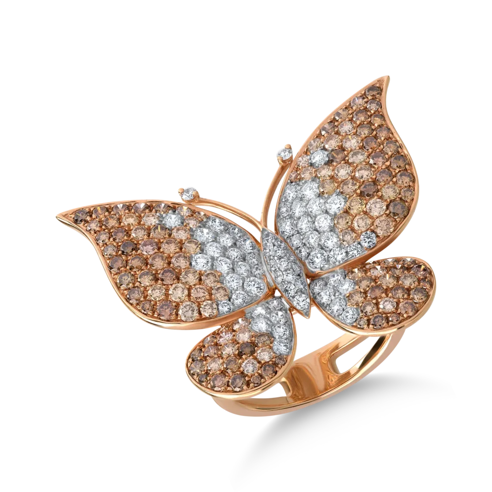 Inel fluture din aur roz cu diamante maro de 2.3ct si diamante transparente de 0.98ct