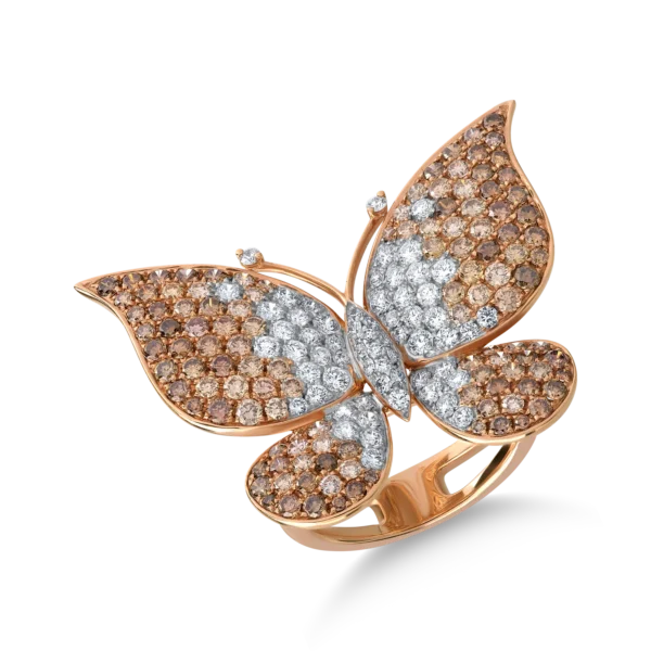 Inel fluture din aur roz cu diamante maro de 2.3ct si diamante transparente de 0.98ct