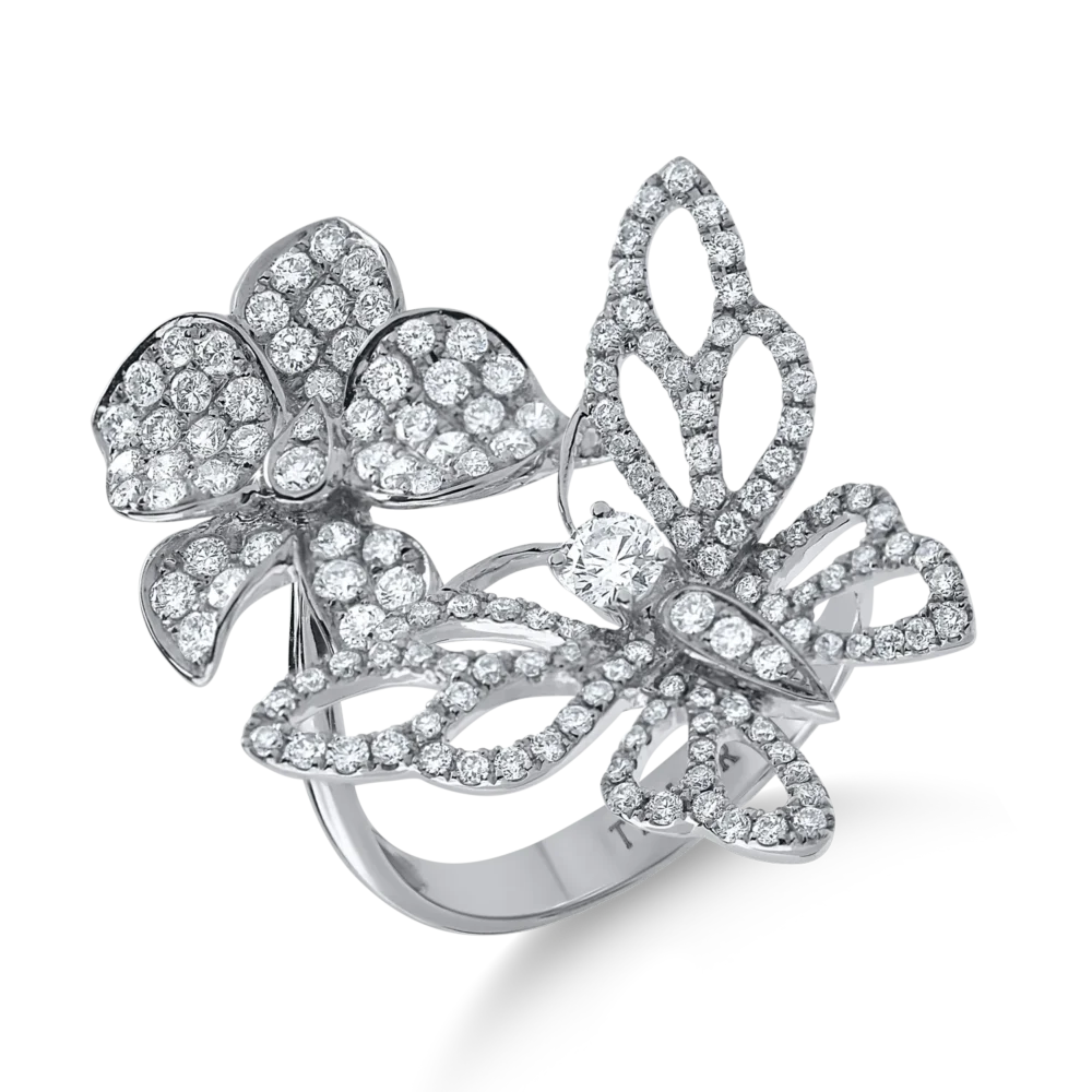 Inel fluture-floare din aur alb cu diamante de 1.4ct