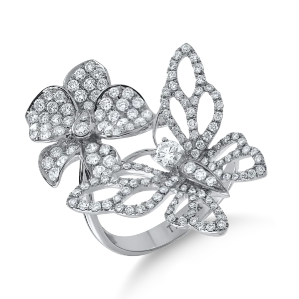 Inel fluture-floare din aur alb cu diamante de 1.4ct