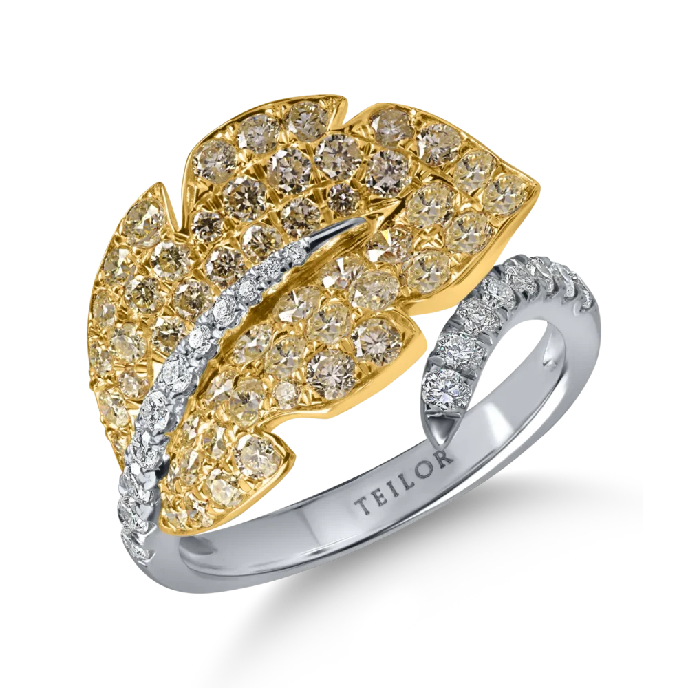Inel frunza din aur alb-galben cu diamante galbene si incolore de 1.6ct