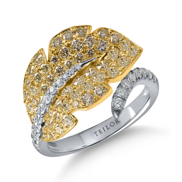 Inel frunza din aur alb-galben cu diamante galbene si incolore de 1.6ct