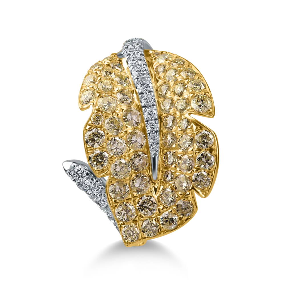 Inel frunza din aur alb-galben cu diamante galbene si incolore de 1.6ct - imagine 2
