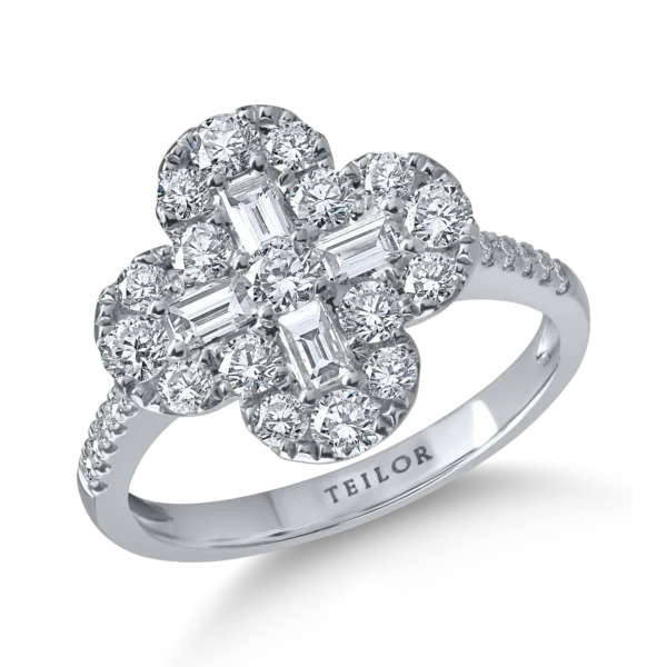 Inel geometric din aur alb cu diamante baguette si rotunde de 1.2ct