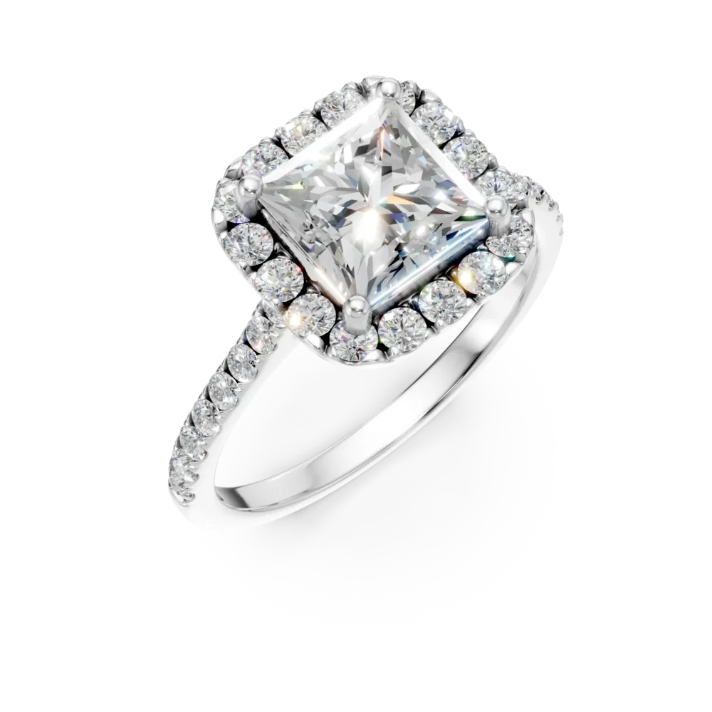 Inel geometric din aur alb cu diamante princess si rotunde de 1.4ct create in laborator