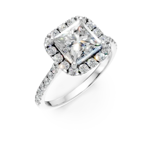 Inel geometric din aur alb cu diamante princess si rotunde de 1.4ct create in laborator