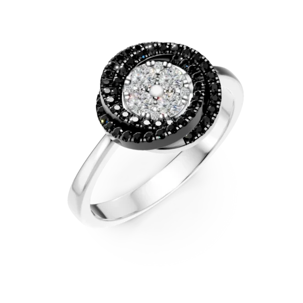 Inel geometric din aur alb cu diamante incolore si negre de 0.3ct