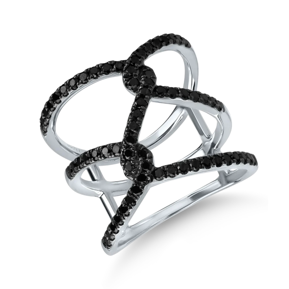 Inel geometric din aur alb cu diamante negre microsetting de 0.7ct