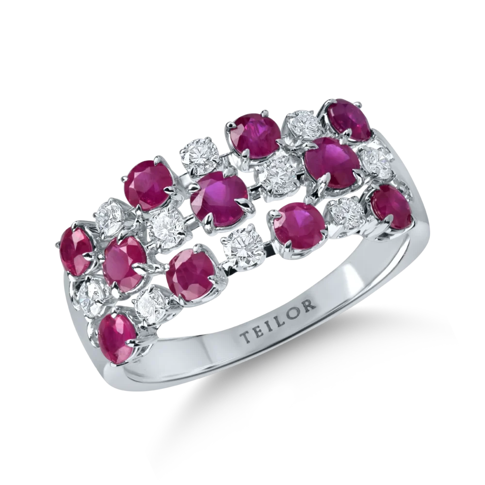 Inel geometric din aur alb cu rubine de 1.4ct si diamante de 0.3ct