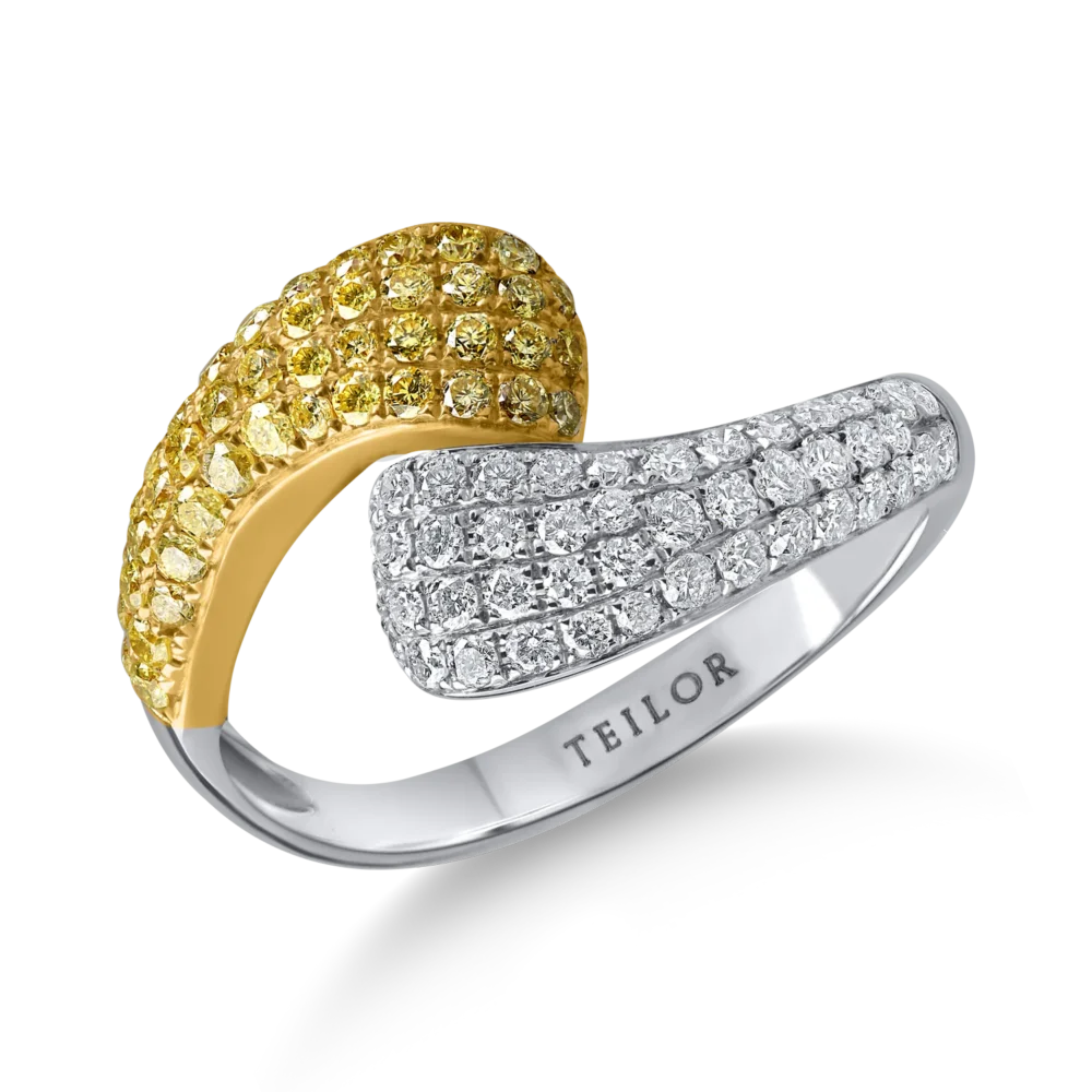 Inel geometric din aur alb-galben cu diamante galbene si incolore de 0.86ct