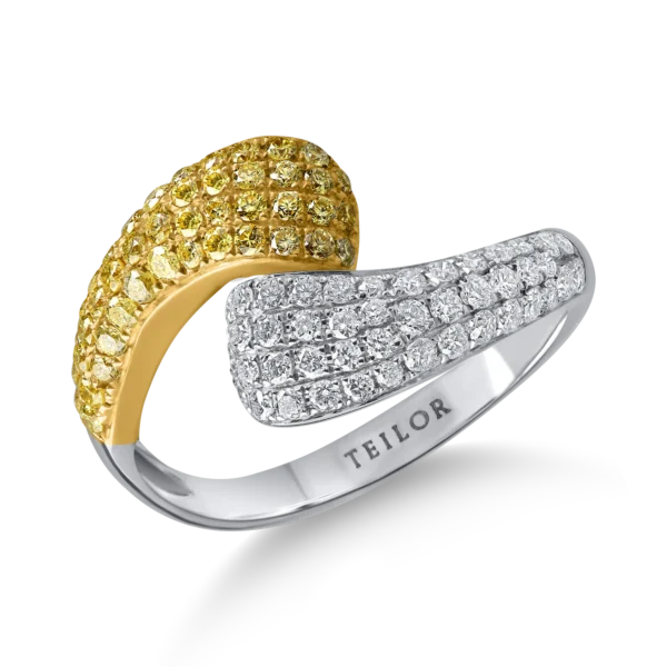 Inel geometric din aur alb-galben cu diamante galbene si incolore de 0.86ct