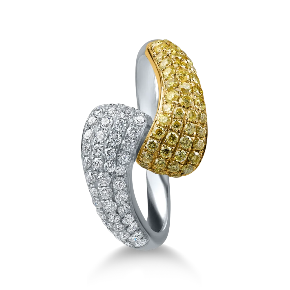 Inel geometric din aur alb-galben cu diamante galbene si incolore de 0.86ct - imagine 2