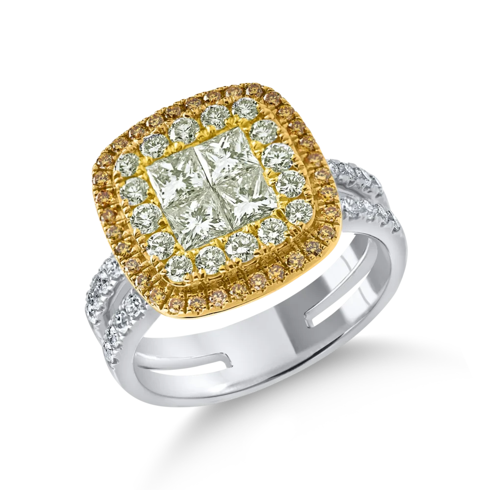 Inel geometric din aur alb-galben cu diamante galbene princess si rotunde si diamante incolore de 1.8ct