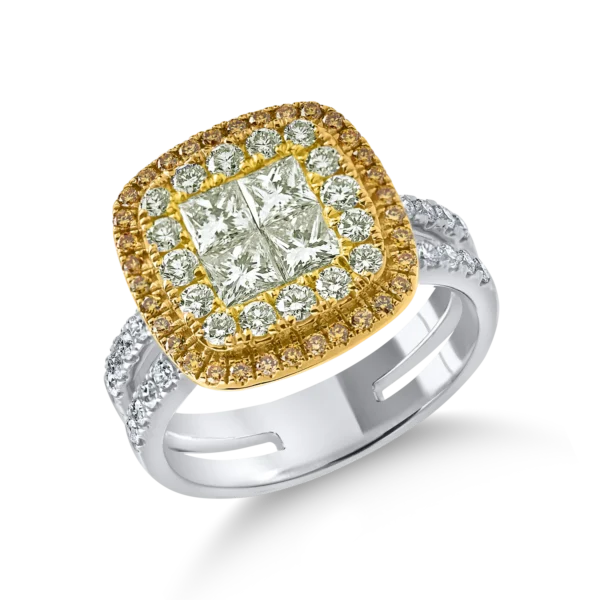 Inel geometric din aur alb-galben cu diamante galbene princess si rotunde si diamante incolore de 1.8ct