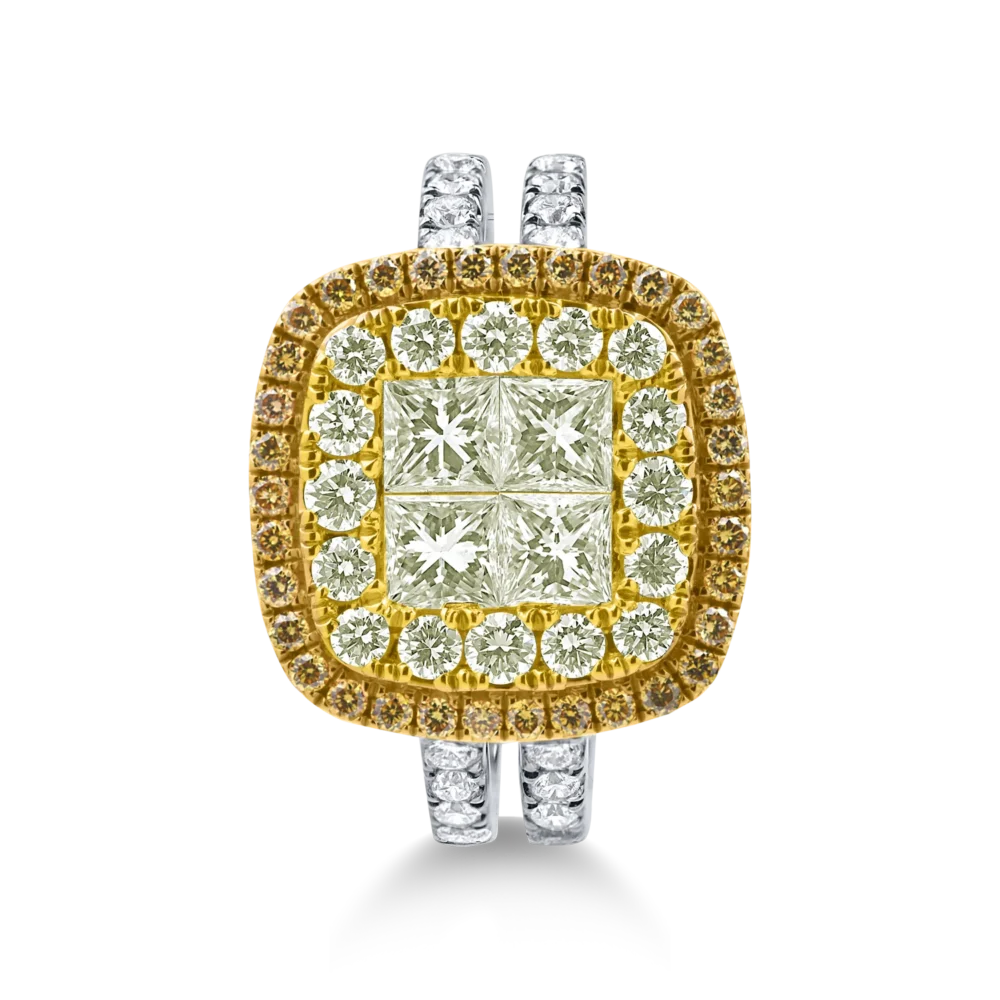 Inel geometric din aur alb-galben cu diamante galbene princess si rotunde si diamante incolore de 1.8ct - imagine 2
