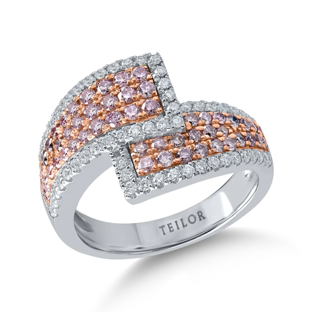 Inel geometric din aur alb-roz cu diamante roz de 0.7ct si diamante incolore de 0.4ct